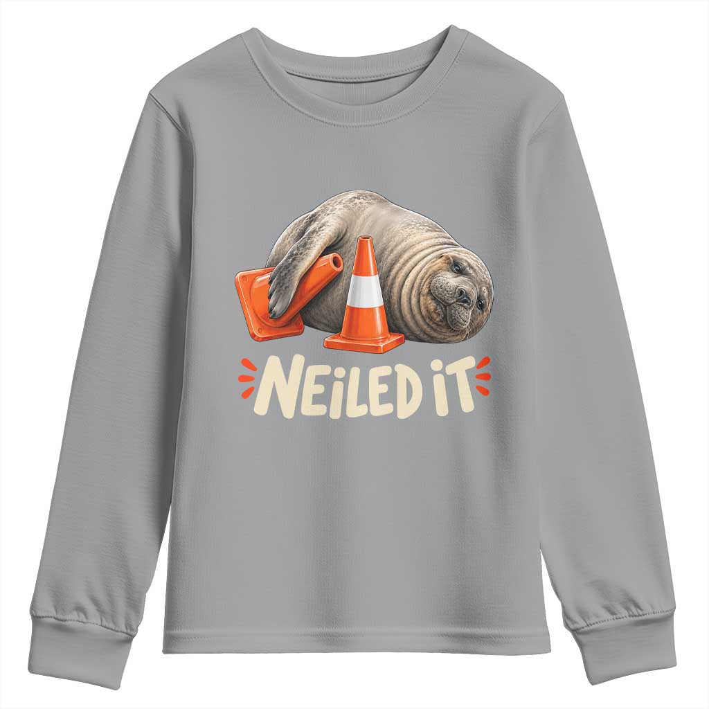 Funny Neil The Seal Nailed It Meme Youth Sweatshirt Cute Chaotic Viral Elephant Seal Traffic Cone Pun