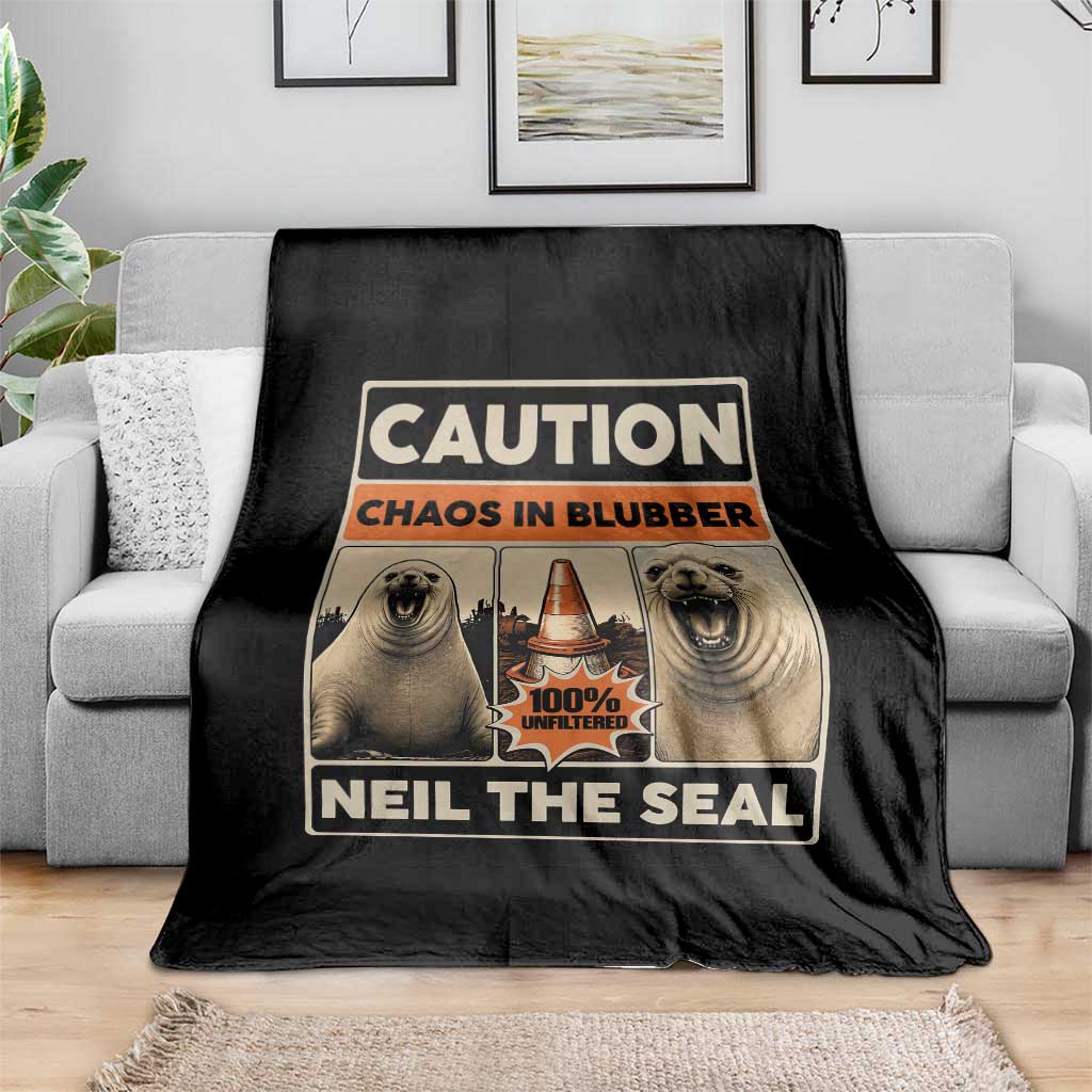 Retro Neil the Seal Caution Chaos in Blubber Throw Blanket Funny Viral Chaotic Elephant Seal Traffic Cone Meme