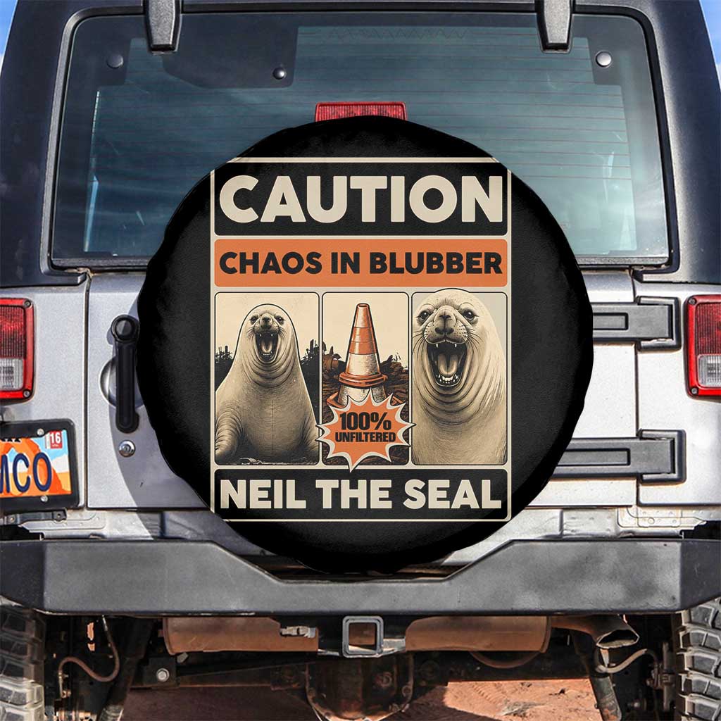 Retro Neil the Seal Caution Chaos in Blubber Spare Tire Cover Funny Viral Chaotic Elephant Seal Traffic Cone Meme