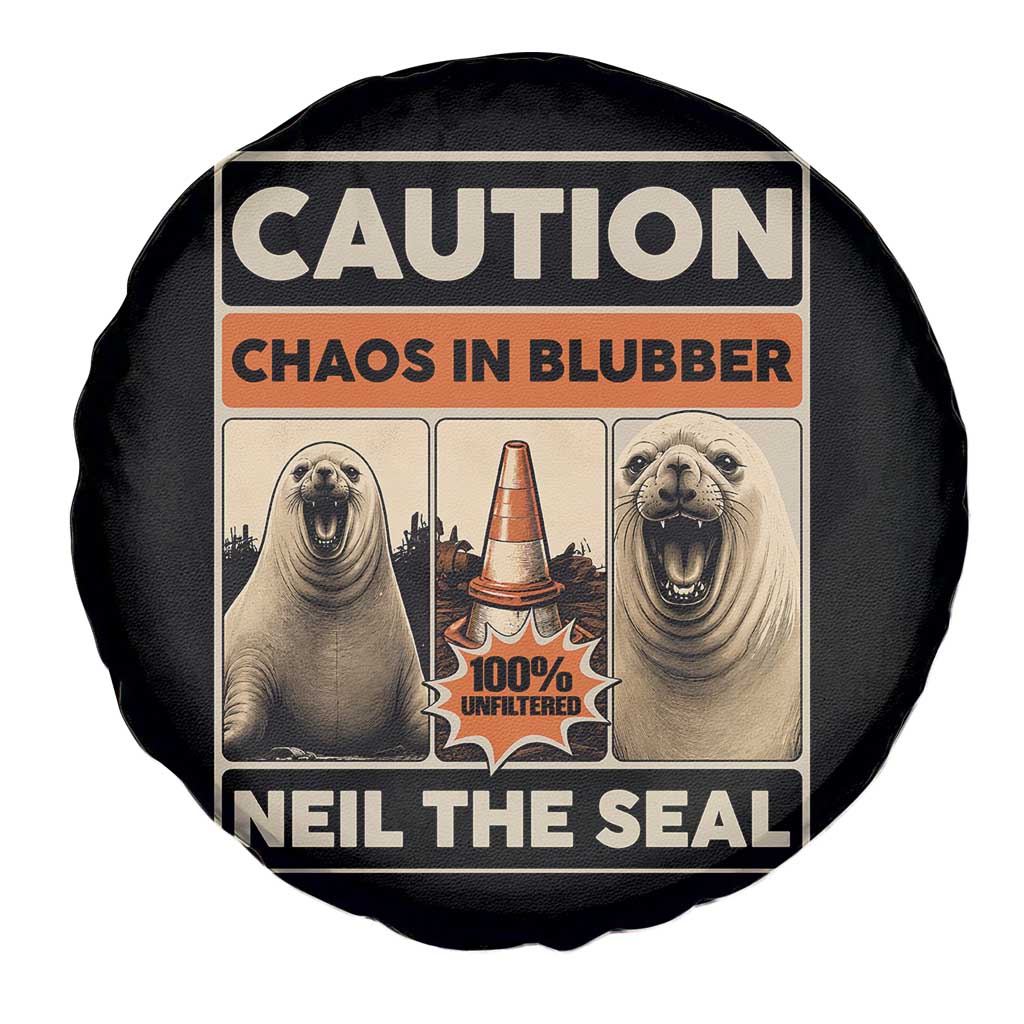 Retro Neil the Seal Caution Chaos in Blubber Spare Tire Cover Funny Viral Chaotic Elephant Seal Traffic Cone Meme