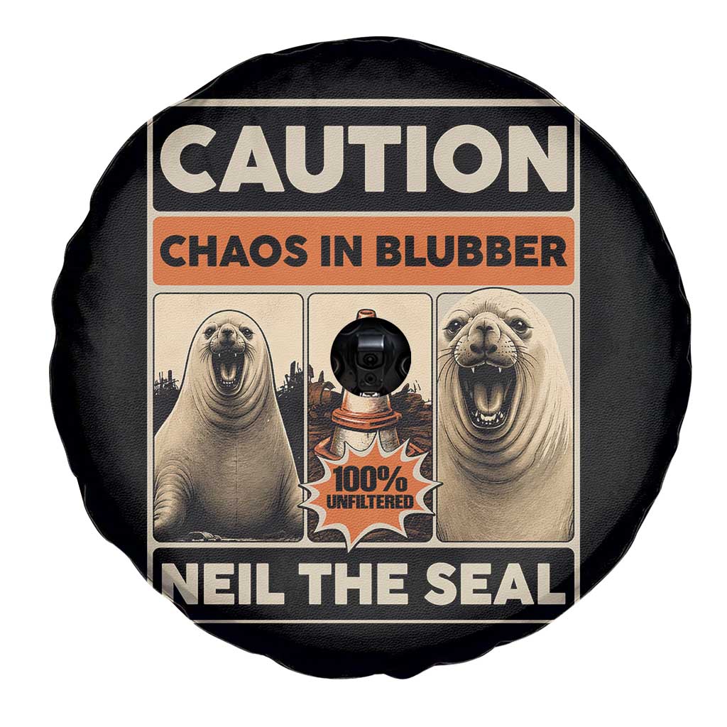 Retro Neil the Seal Caution Chaos in Blubber Spare Tire Cover Funny Viral Chaotic Elephant Seal Traffic Cone Meme