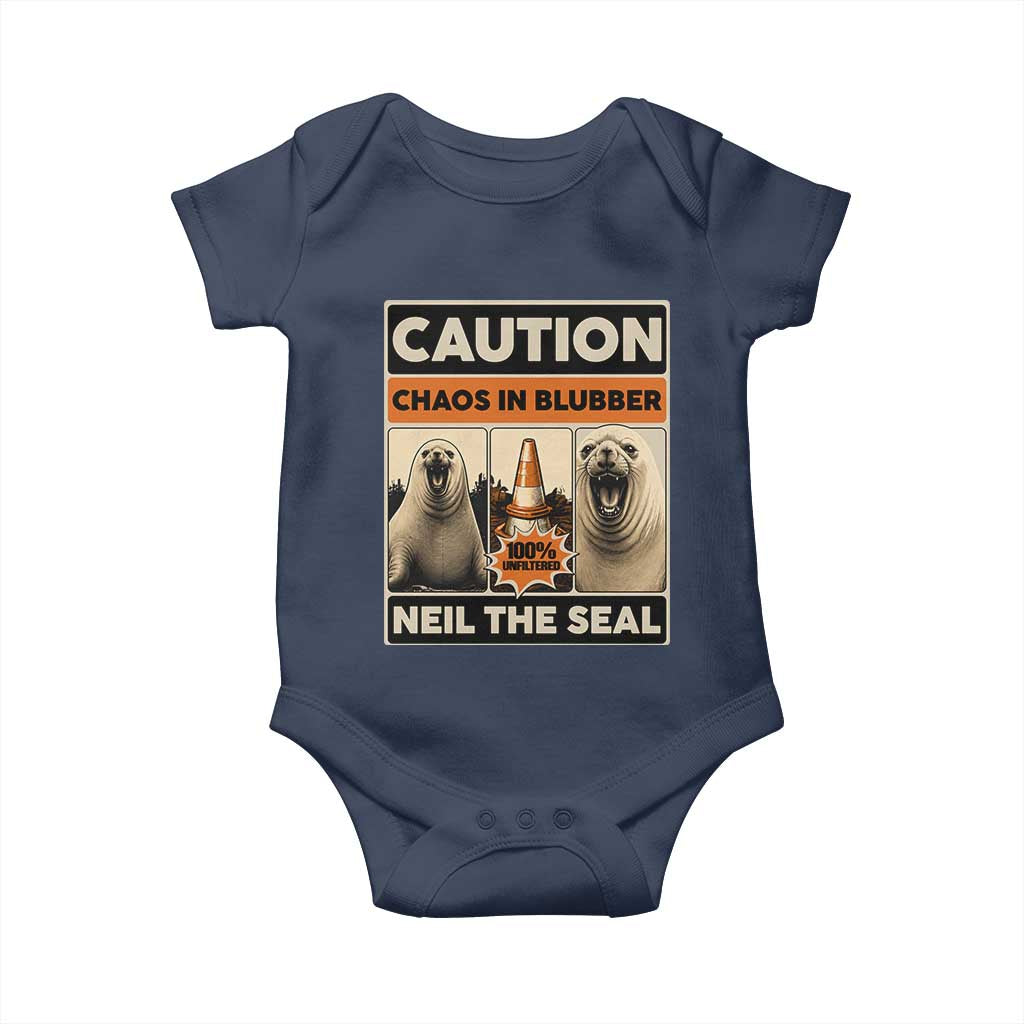 Retro Neil the Seal Caution Chaos in Blubber Baby Onesie Funny Viral Chaotic Elephant Seal Traffic Cone Meme