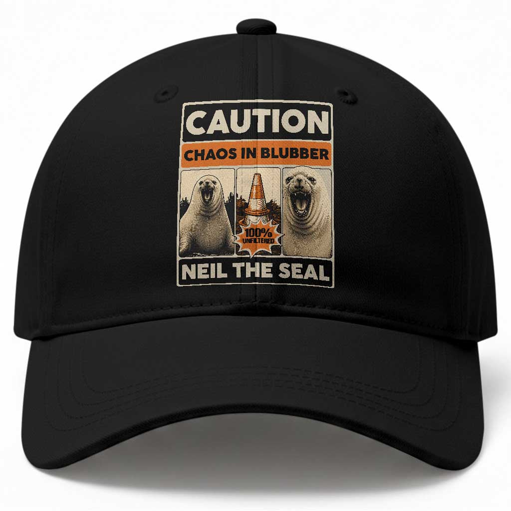 Retro Neil the Seal Caution Chaos in Blubber Baseball Cap Funny Viral Chaotic Elephant Seal Traffic Cone Meme