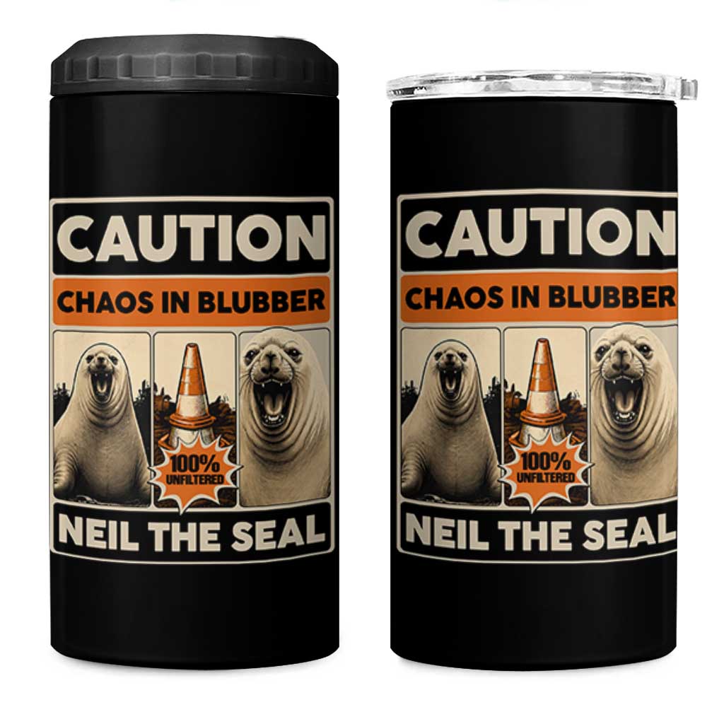 Retro Neil the Seal Caution Chaos in Blubber 4 in 1 Can Cooler Tumbler Funny Viral Chaotic Elephant Seal Traffic Cone Meme
