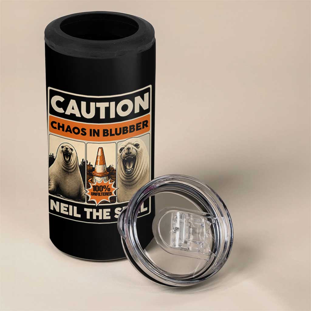 Retro Neil the Seal Caution Chaos in Blubber 4 in 1 Can Cooler Tumbler Funny Viral Chaotic Elephant Seal Traffic Cone Meme