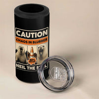 Retro Neil the Seal Caution Chaos in Blubber 4 in 1 Can Cooler Tumbler Funny Viral Chaotic Elephant Seal Traffic Cone Meme