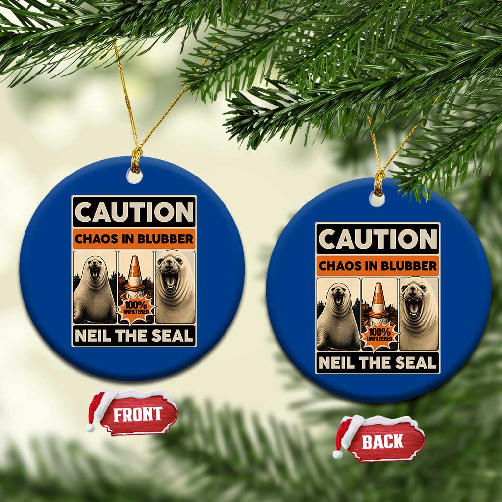 Retro Neil the Seal Caution Chaos in Blubber Ceramic Ornament Funny Viral Chaotic Elephant Seal Traffic Cone Meme