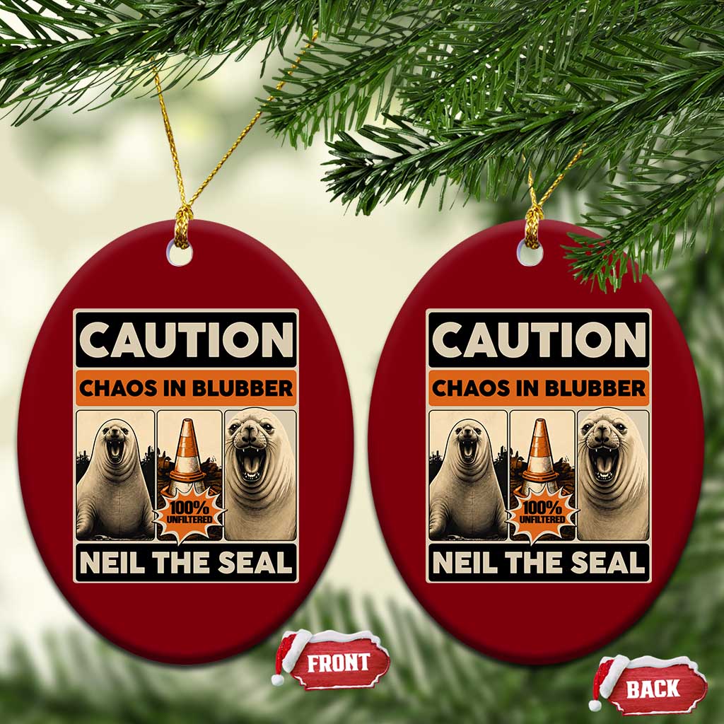 Retro Neil the Seal Caution Chaos in Blubber Ceramic Ornament Funny Viral Chaotic Elephant Seal Traffic Cone Meme