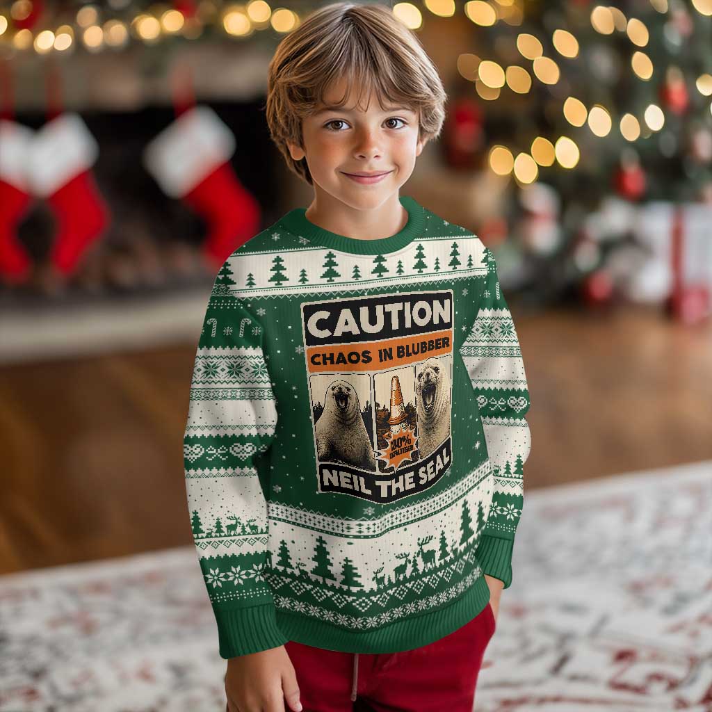 Retro Neil the Seal Caution Chaos in Blubber Ugly Christmas Sweater Funny Viral Chaotic Elephant Seal Traffic Cone Meme