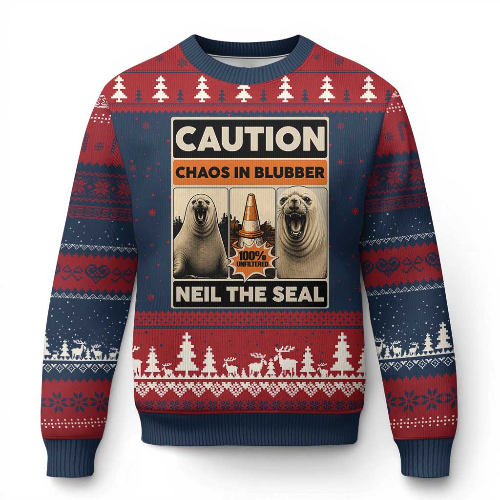 Retro Neil the Seal Caution Chaos in Blubber Ugly Christmas Sweater Funny Viral Chaotic Elephant Seal Traffic Cone Meme