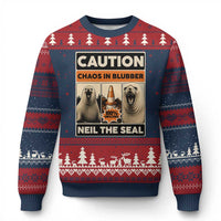 Retro Neil the Seal Caution Chaos in Blubber Ugly Christmas Sweater Funny Viral Chaotic Elephant Seal Traffic Cone Meme