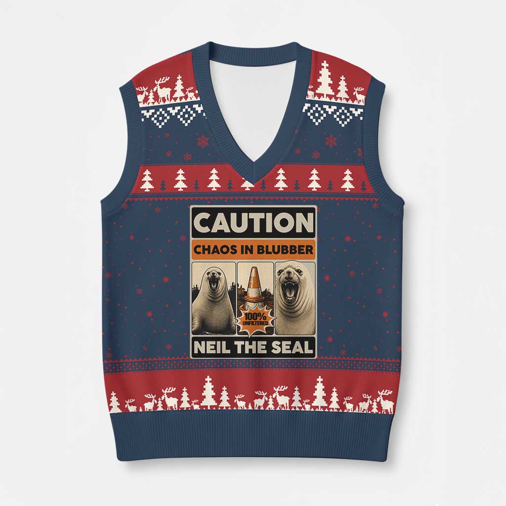 Retro Neil the Seal Caution Chaos in Blubber V-Neck Knit Sweater Vest Funny Viral Chaotic Elephant Seal Traffic Cone Meme