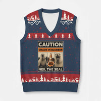 Retro Neil the Seal Caution Chaos in Blubber V-Neck Knit Sweater Vest Funny Viral Chaotic Elephant Seal Traffic Cone Meme