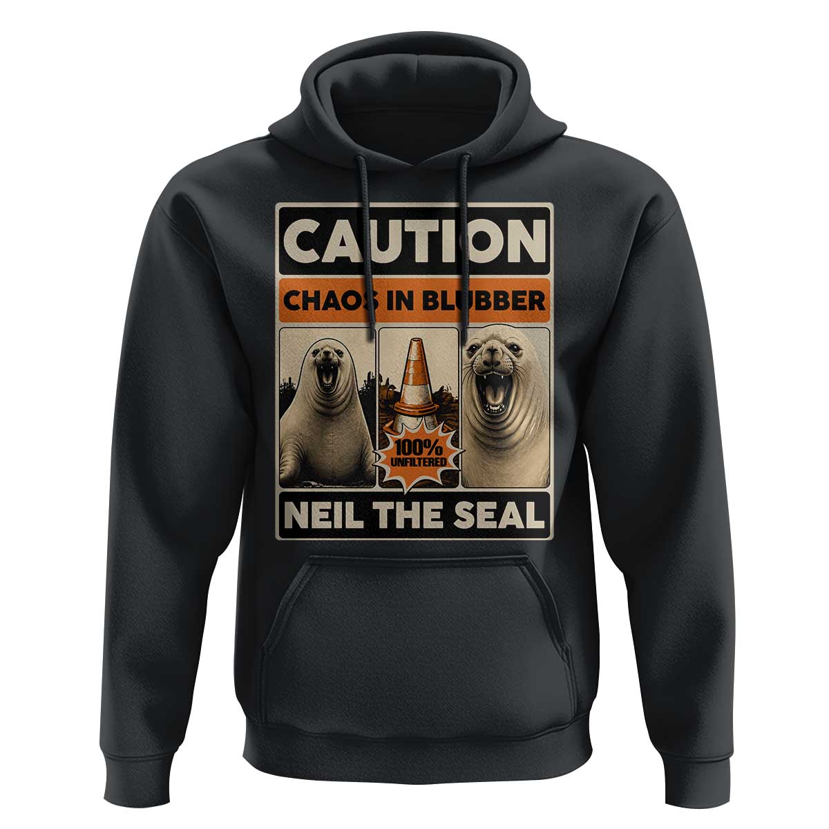 Retro Neil the Seal Caution Chaos in Blubber Hoodie Funny Viral Chaotic Elephant Seal Traffic Cone Meme