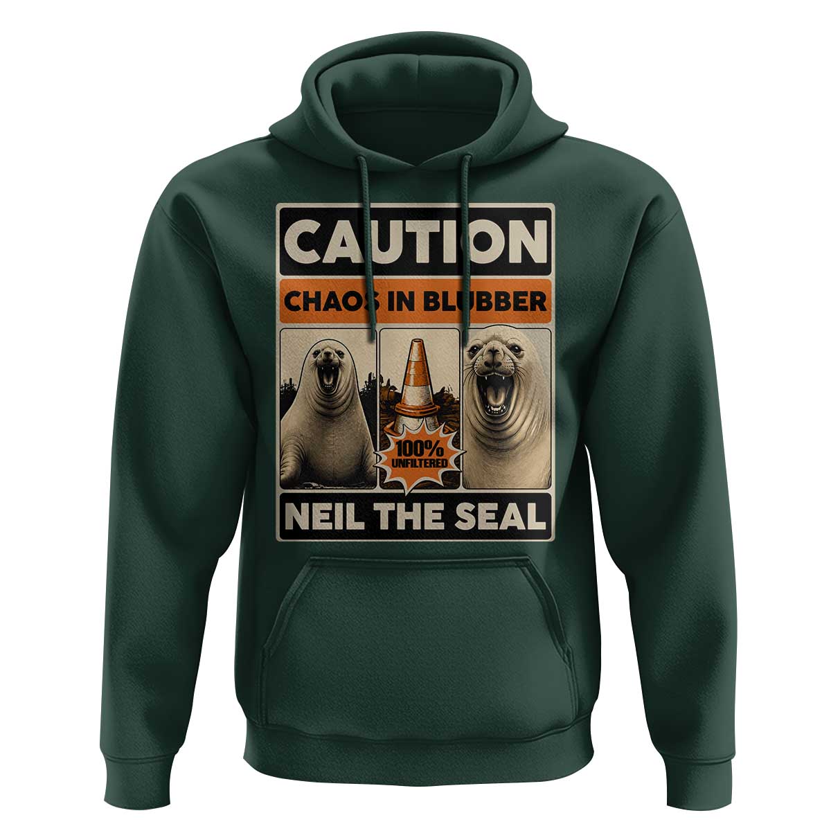 Retro Neil the Seal Caution Chaos in Blubber Hoodie Funny Viral Chaotic Elephant Seal Traffic Cone Meme