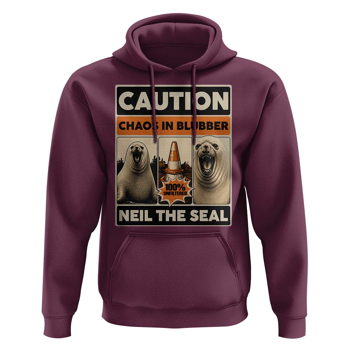 Retro Neil the Seal Caution Chaos in Blubber Hoodie Funny Viral Chaotic Elephant Seal Traffic Cone Meme
