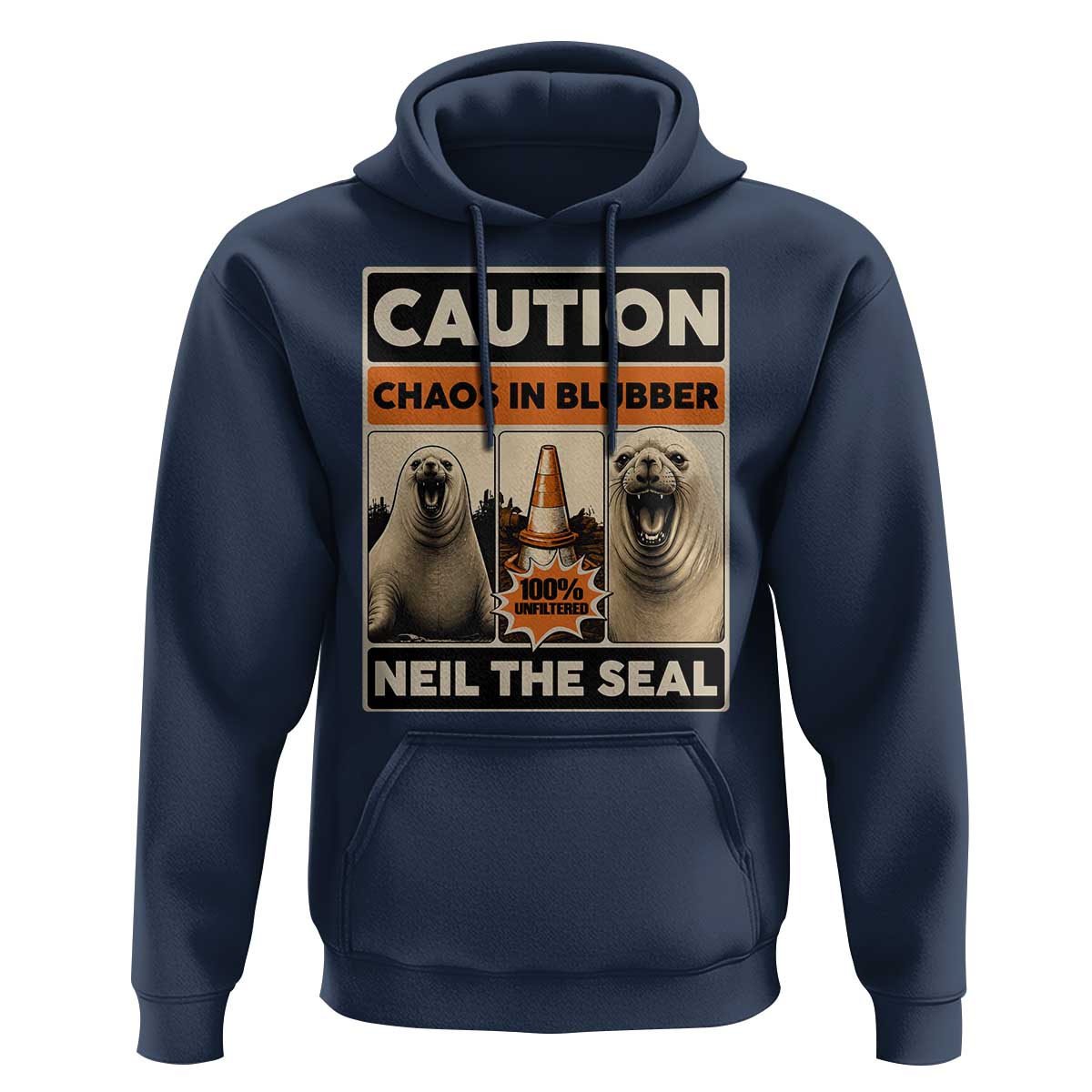 Retro Neil the Seal Caution Chaos in Blubber Hoodie Funny Viral Chaotic Elephant Seal Traffic Cone Meme
