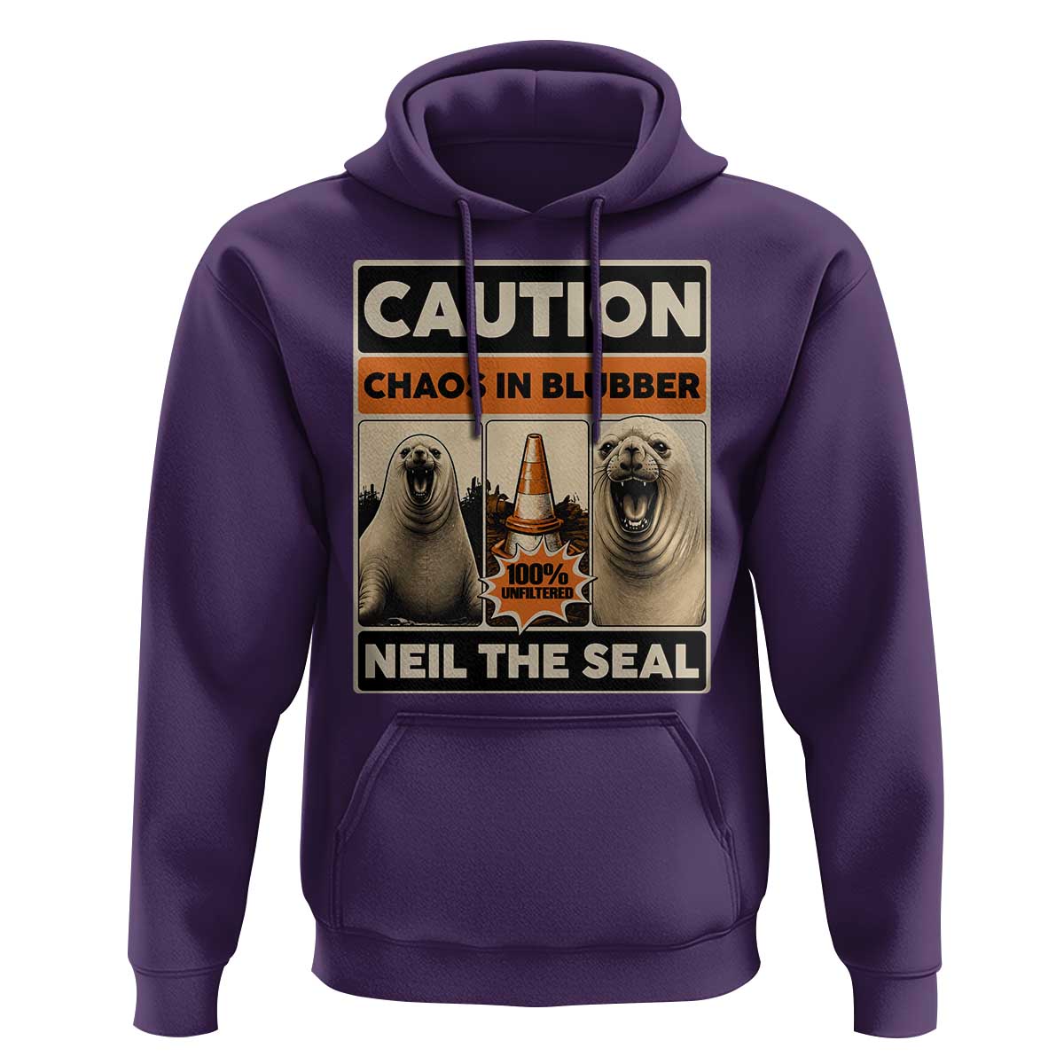 Retro Neil the Seal Caution Chaos in Blubber Hoodie Funny Viral Chaotic Elephant Seal Traffic Cone Meme