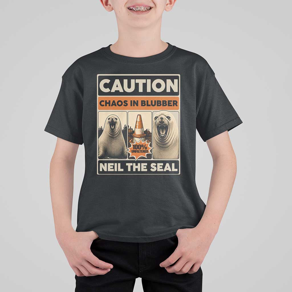 Retro Neil the Seal Caution Chaos in Blubber T Shirt For Kid Funny Viral Chaotic Elephant Seal Traffic Cone Meme