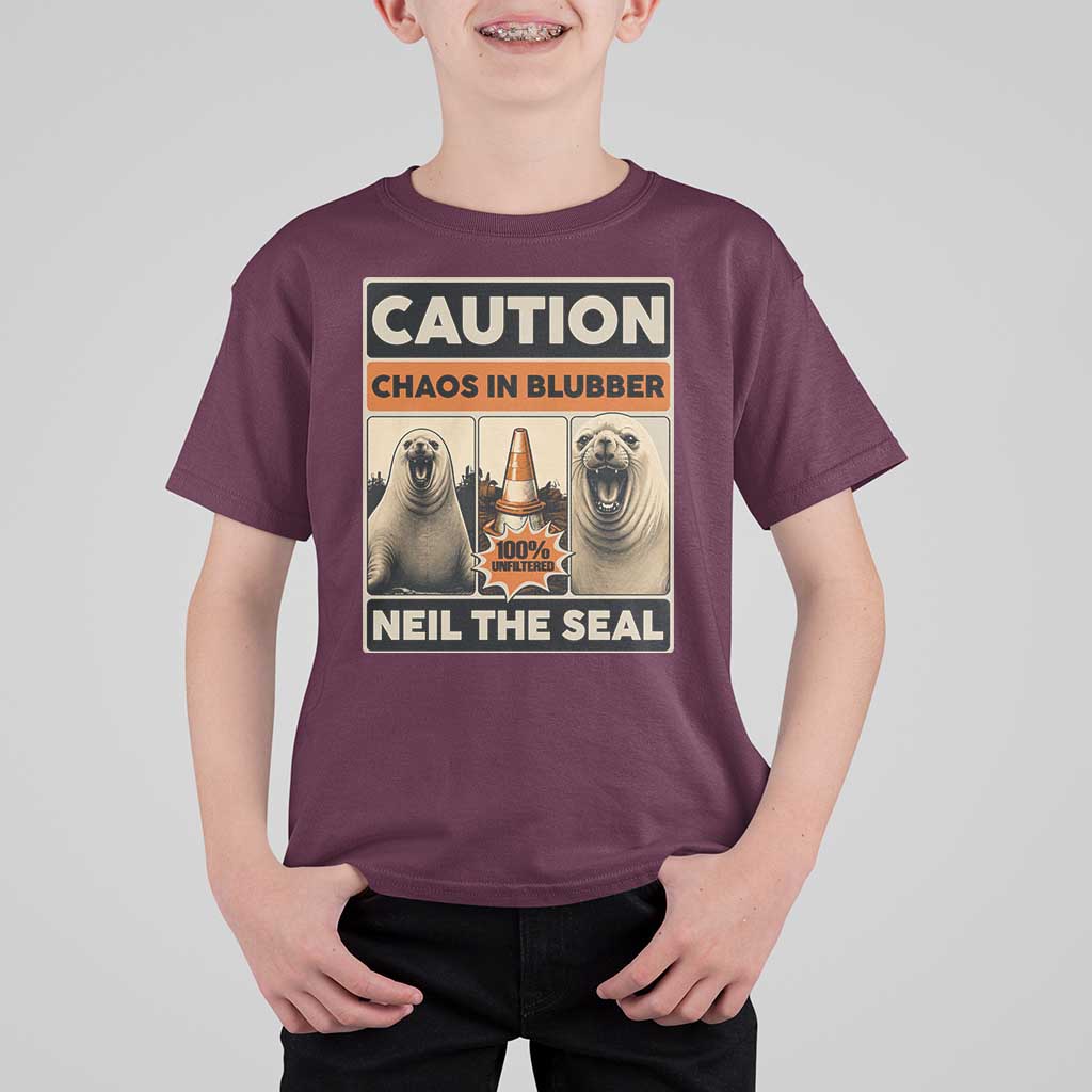 Retro Neil the Seal Caution Chaos in Blubber T Shirt For Kid Funny Viral Chaotic Elephant Seal Traffic Cone Meme