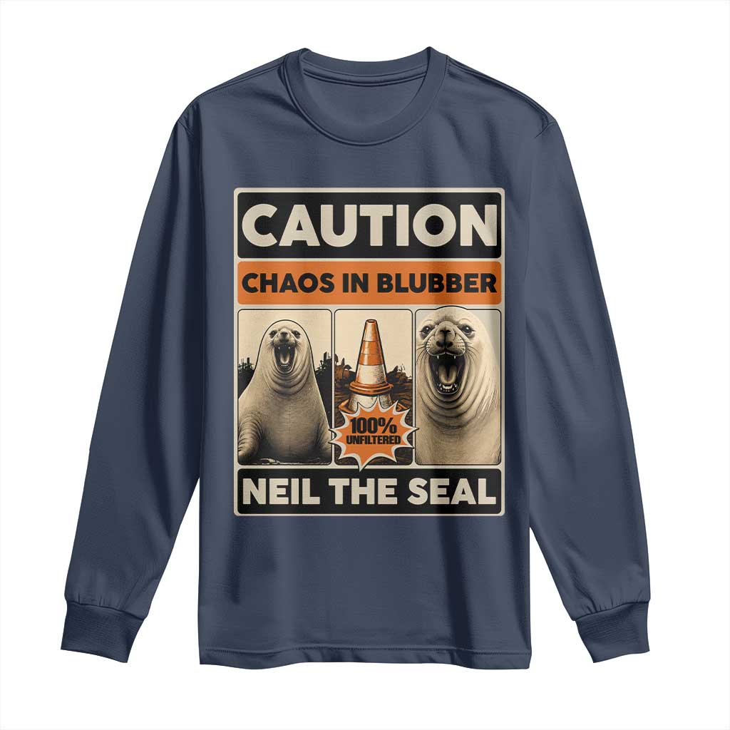 Retro Neil the Seal Caution Chaos in Blubber Long Sleeve Shirt Funny Viral Chaotic Elephant Seal Traffic Cone Meme