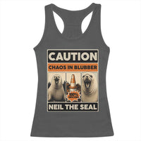 Retro Neil the Seal Caution Chaos in Blubber Racerback Tank Top Funny Viral Chaotic Elephant Seal Traffic Cone Meme