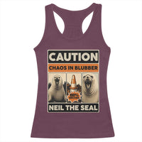 Retro Neil the Seal Caution Chaos in Blubber Racerback Tank Top Funny Viral Chaotic Elephant Seal Traffic Cone Meme
