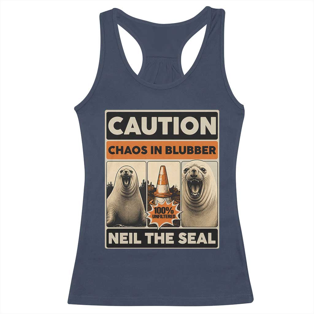 Retro Neil the Seal Caution Chaos in Blubber Racerback Tank Top Funny Viral Chaotic Elephant Seal Traffic Cone Meme