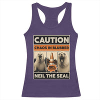 Retro Neil the Seal Caution Chaos in Blubber Racerback Tank Top Funny Viral Chaotic Elephant Seal Traffic Cone Meme