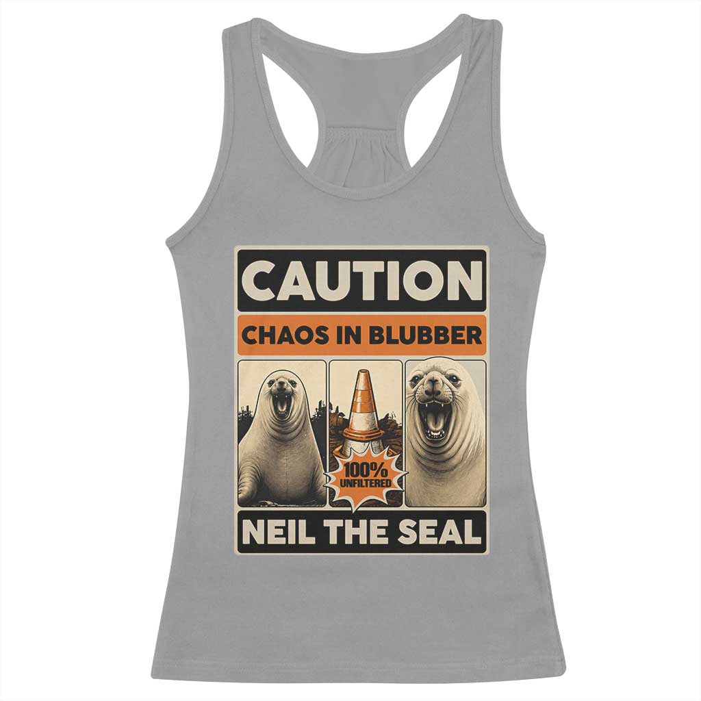 Retro Neil the Seal Caution Chaos in Blubber Racerback Tank Top Funny Viral Chaotic Elephant Seal Traffic Cone Meme