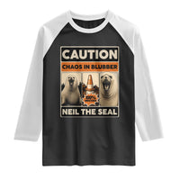 Retro Neil the Seal Caution Chaos in Blubber Raglan Shirt Funny Viral Chaotic Elephant Seal Traffic Cone Meme