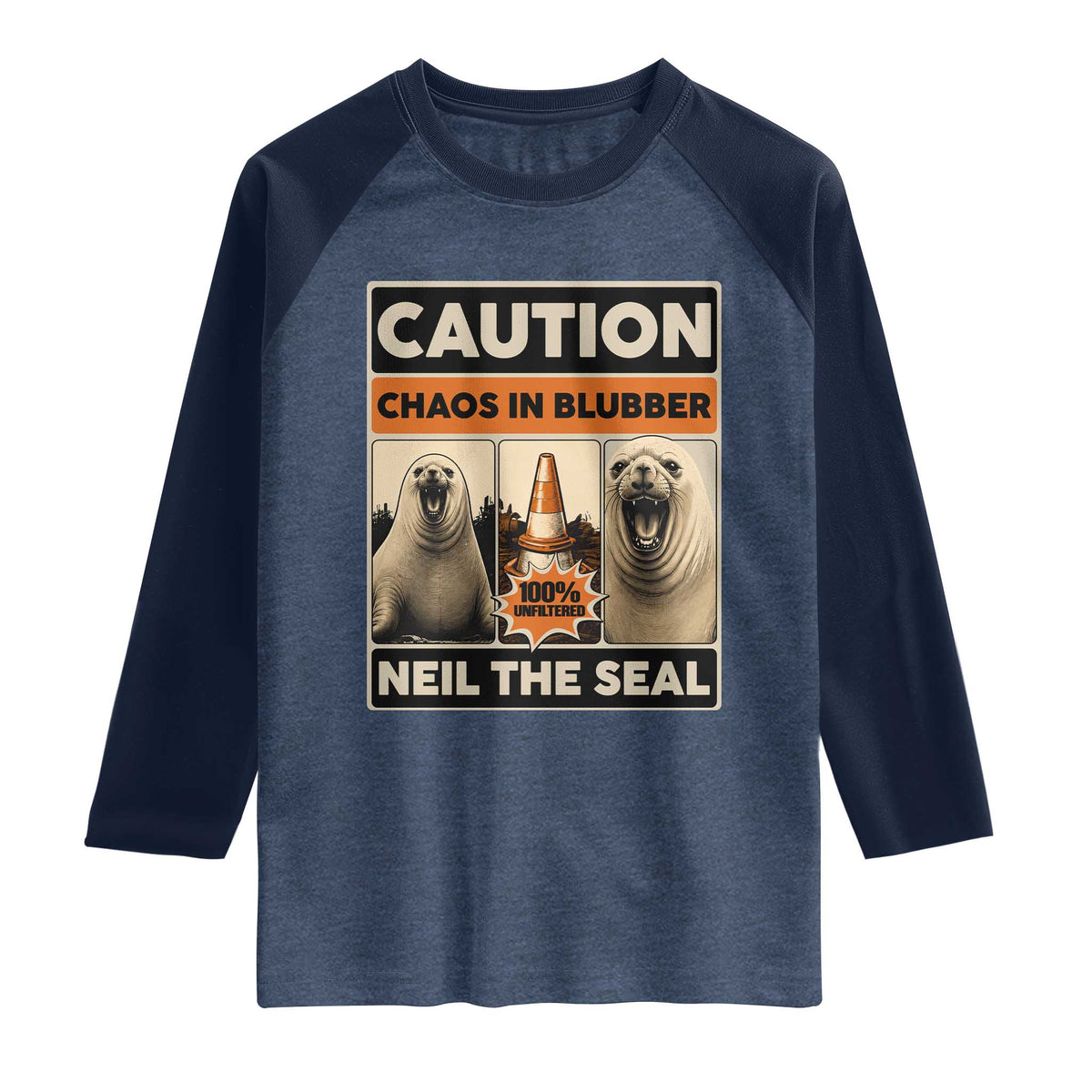 Retro Neil the Seal Caution Chaos in Blubber Raglan Shirt Funny Viral Chaotic Elephant Seal Traffic Cone Meme