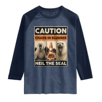 Retro Neil the Seal Caution Chaos in Blubber Raglan Shirt Funny Viral Chaotic Elephant Seal Traffic Cone Meme