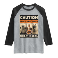 Retro Neil the Seal Caution Chaos in Blubber Raglan Shirt Funny Viral Chaotic Elephant Seal Traffic Cone Meme