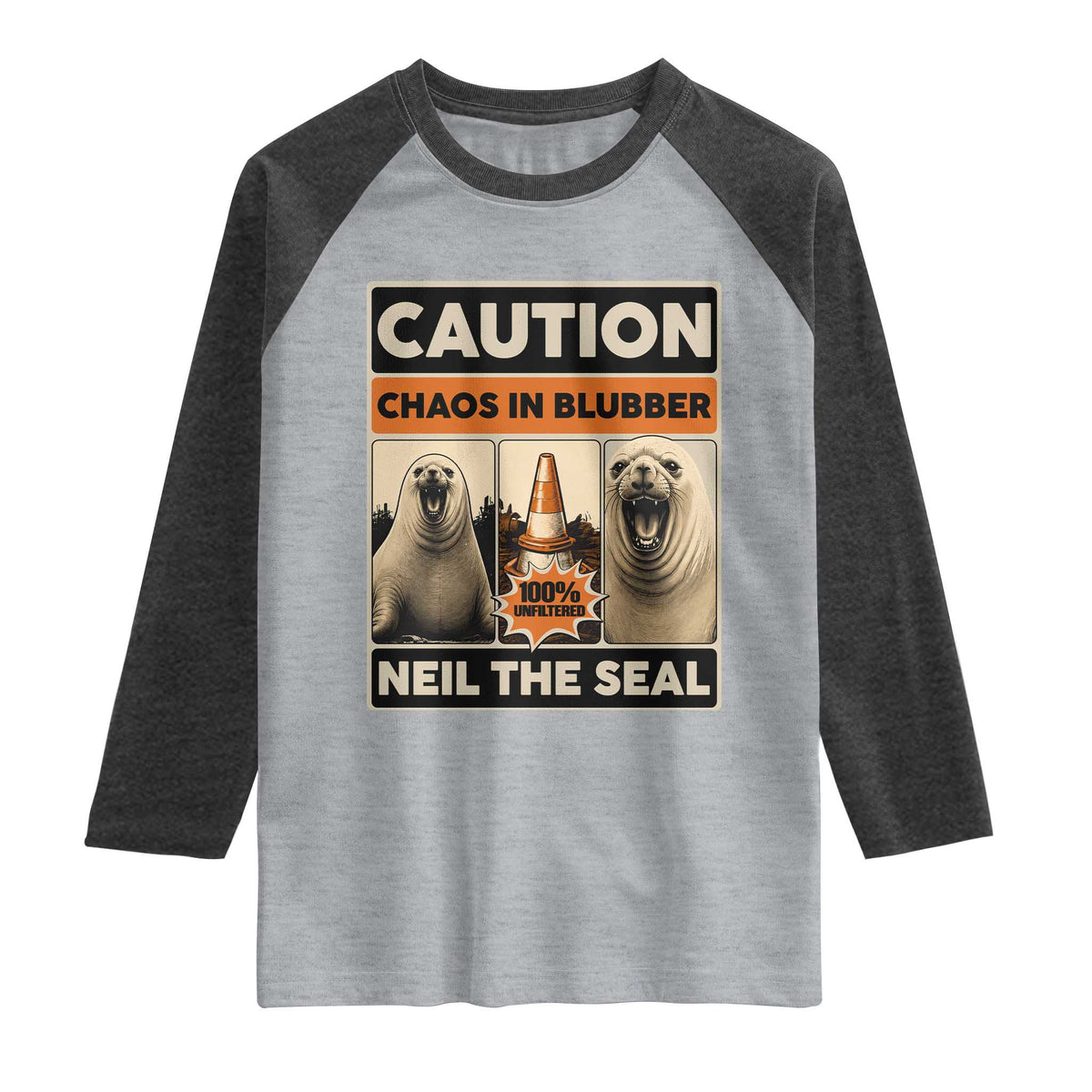 Retro Neil the Seal Caution Chaos in Blubber Raglan Shirt Funny Viral Chaotic Elephant Seal Traffic Cone Meme