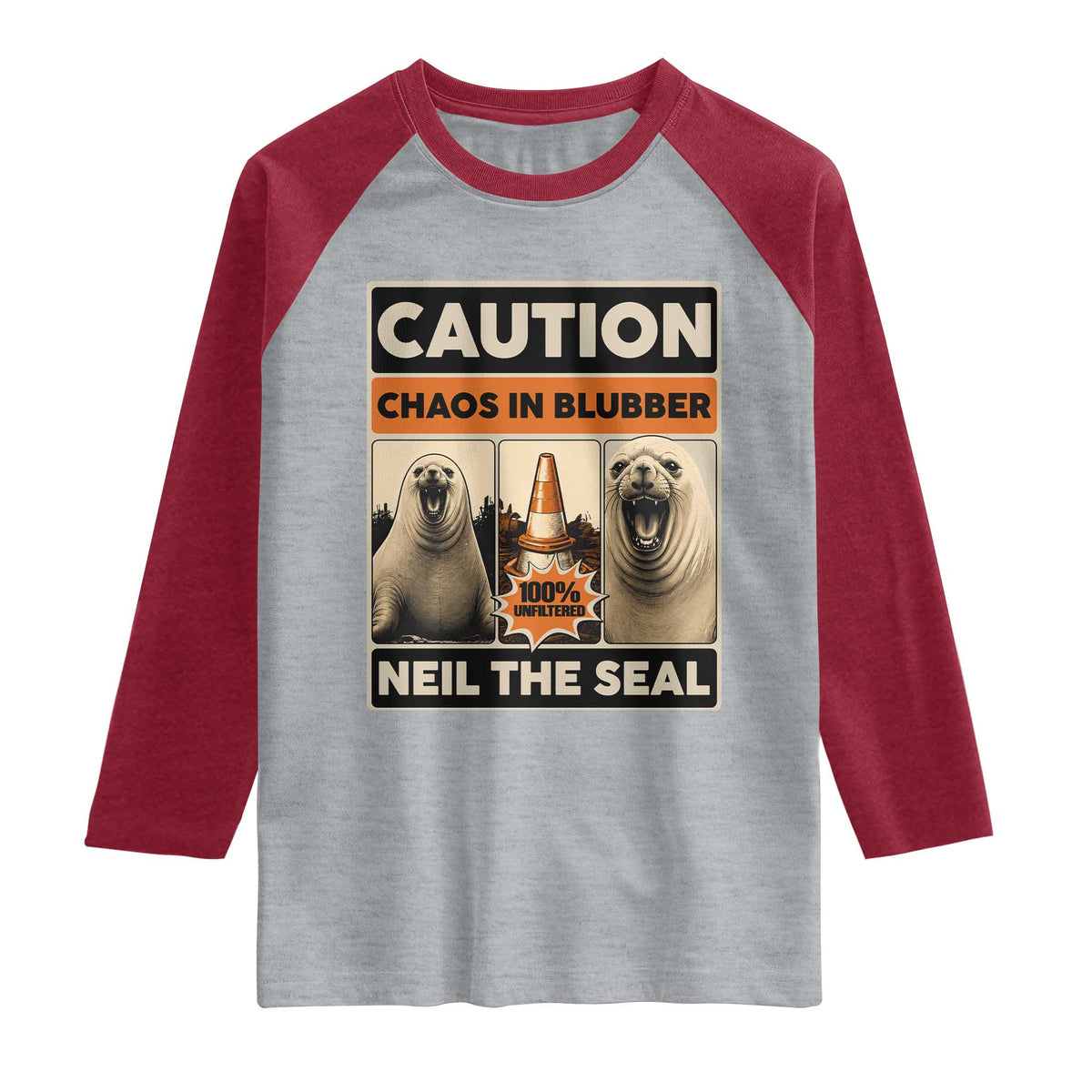 Retro Neil the Seal Caution Chaos in Blubber Raglan Shirt Funny Viral Chaotic Elephant Seal Traffic Cone Meme