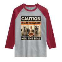 Retro Neil the Seal Caution Chaos in Blubber Raglan Shirt Funny Viral Chaotic Elephant Seal Traffic Cone Meme