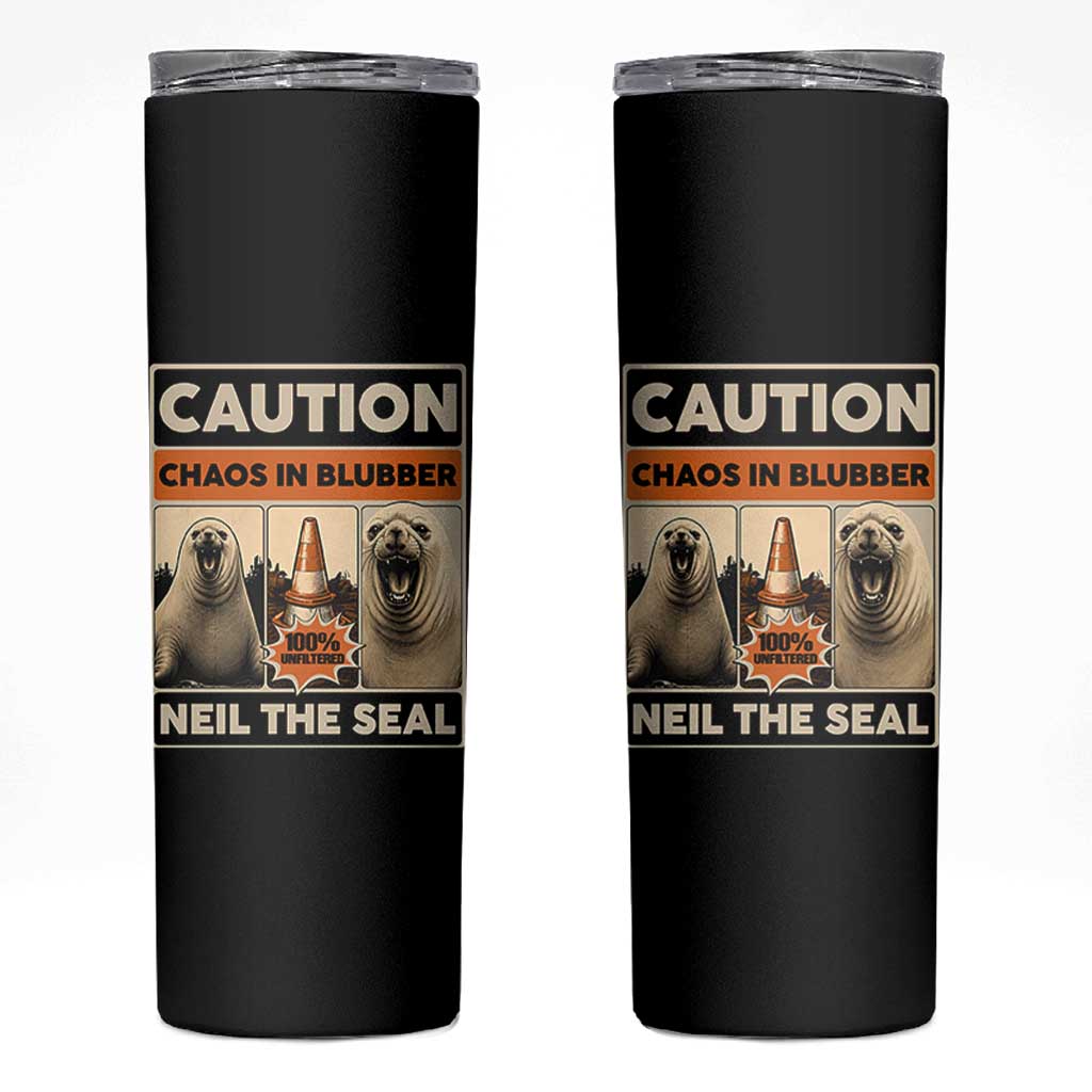 Retro Neil the Seal Caution Chaos in Blubber Skinny Tumbler Funny Viral Chaotic Elephant Seal Traffic Cone Meme