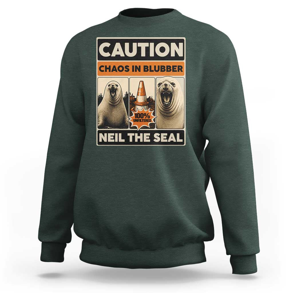 Retro Neil the Seal Caution Chaos in Blubber Sweatshirt Funny Viral Chaotic Elephant Seal Traffic Cone Meme