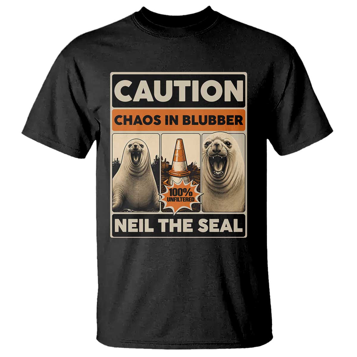 Retro Neil the Seal Caution Chaos in Blubber T Shirt Funny Viral Chaotic Elephant Seal Traffic Cone Meme