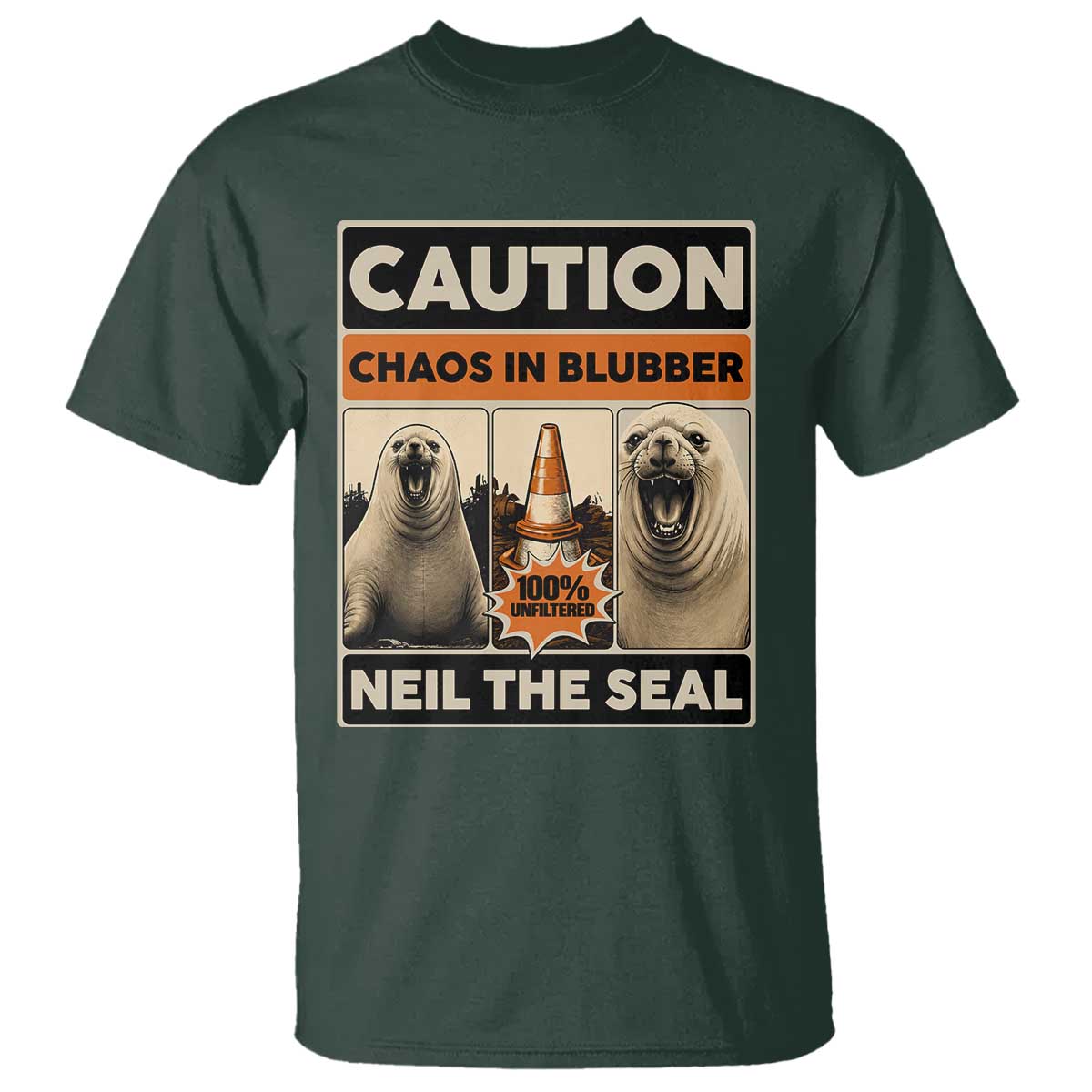 Retro Neil the Seal Caution Chaos in Blubber T Shirt Funny Viral Chaotic Elephant Seal Traffic Cone Meme