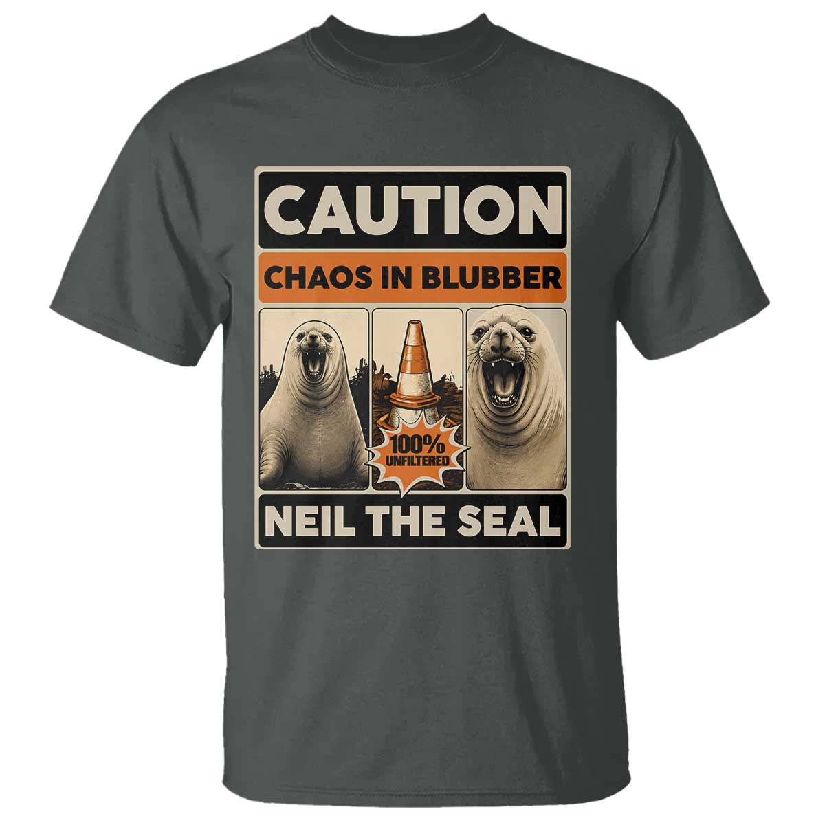 Retro Neil the Seal Caution Chaos in Blubber T Shirt Funny Viral Chaotic Elephant Seal Traffic Cone Meme