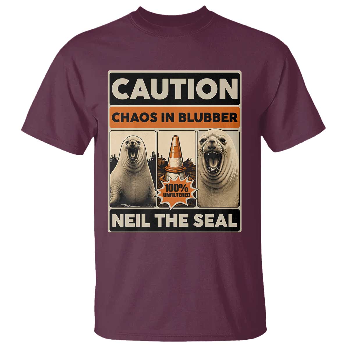 Retro Neil the Seal Caution Chaos in Blubber T Shirt Funny Viral Chaotic Elephant Seal Traffic Cone Meme