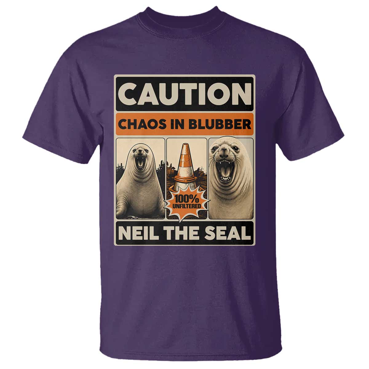 Retro Neil the Seal Caution Chaos in Blubber T Shirt Funny Viral Chaotic Elephant Seal Traffic Cone Meme