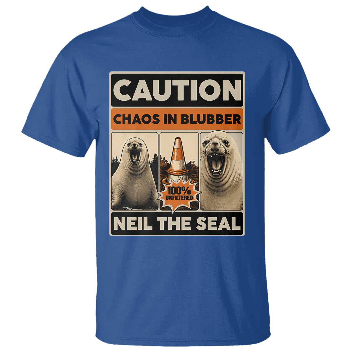 Retro Neil the Seal Caution Chaos in Blubber T Shirt Funny Viral Chaotic Elephant Seal Traffic Cone Meme