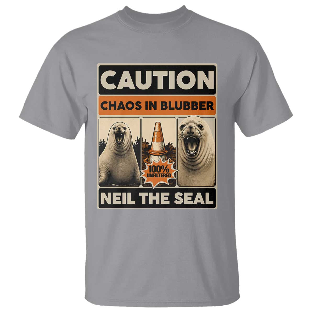 Retro Neil the Seal Caution Chaos in Blubber T Shirt Funny Viral Chaotic Elephant Seal Traffic Cone Meme