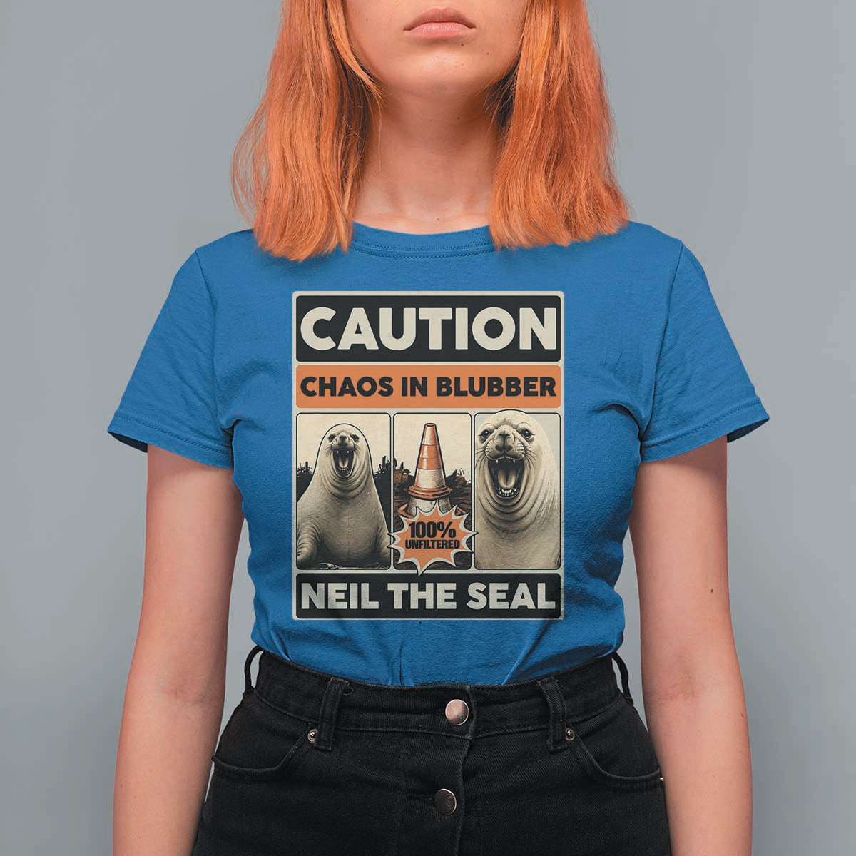 Retro Neil the Seal Caution Chaos in Blubber T Shirt For Women Funny Viral Chaotic Elephant Seal Traffic Cone Meme