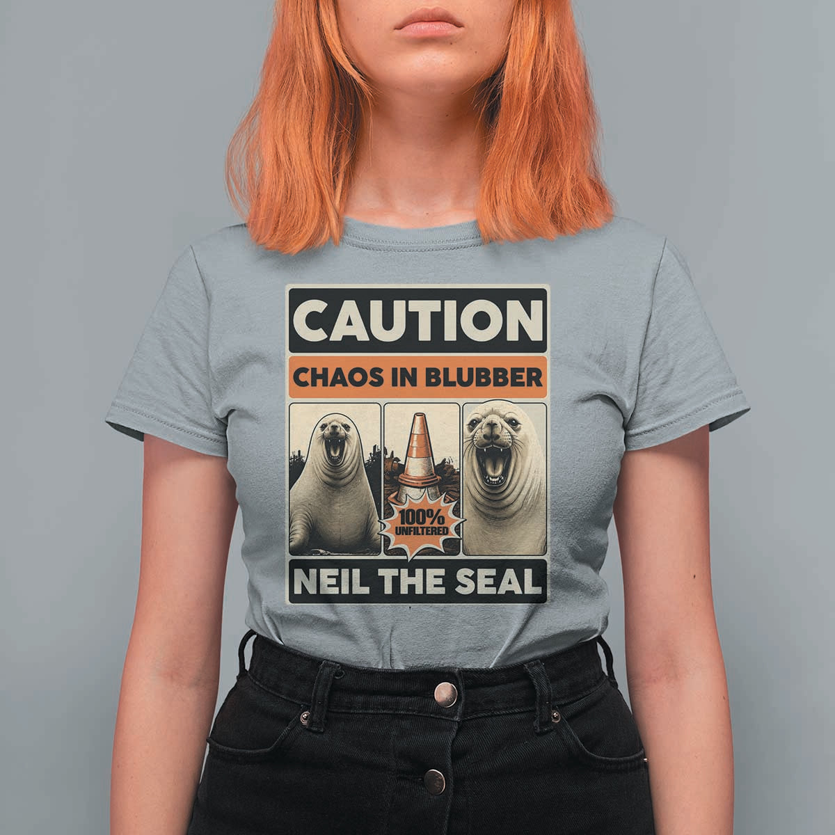 Retro Neil the Seal Caution Chaos in Blubber T Shirt For Women Funny Viral Chaotic Elephant Seal Traffic Cone Meme