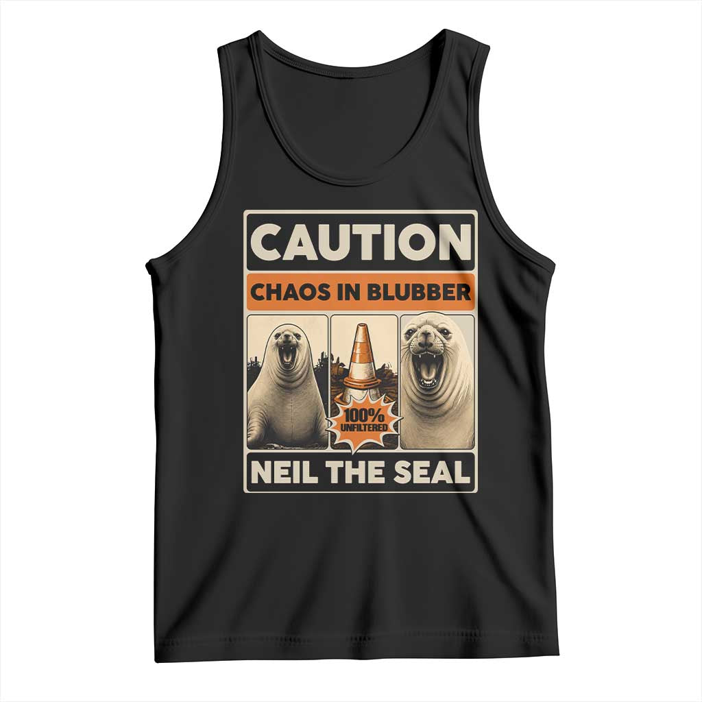 Retro Neil the Seal Caution Chaos in Blubber Tank Top Funny Viral Chaotic Elephant Seal Traffic Cone Meme