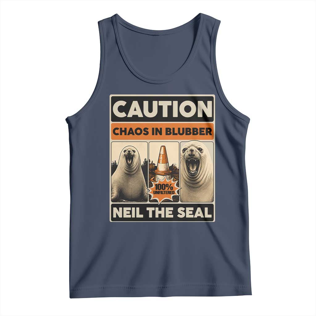 Retro Neil the Seal Caution Chaos in Blubber Tank Top Funny Viral Chaotic Elephant Seal Traffic Cone Meme